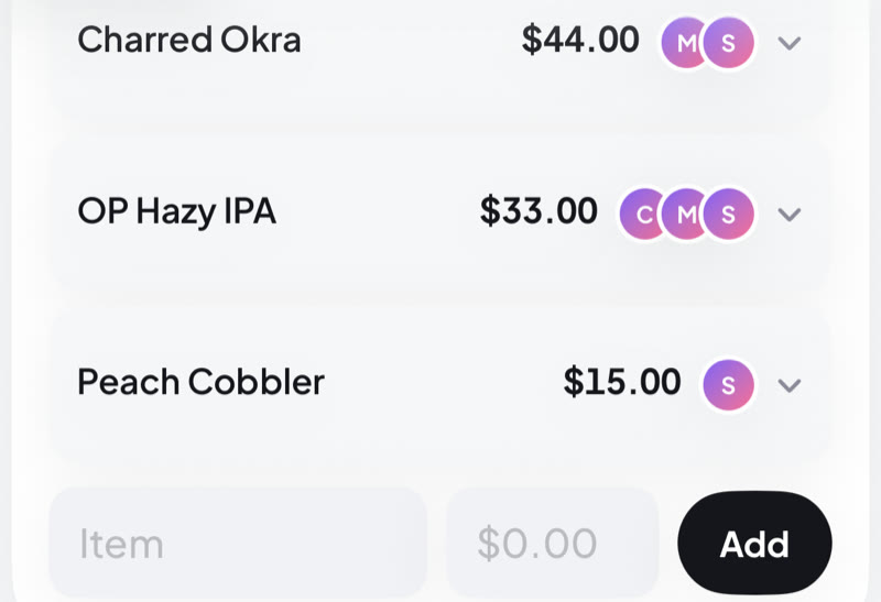 Item assignment rows with exact prices and participant avatars