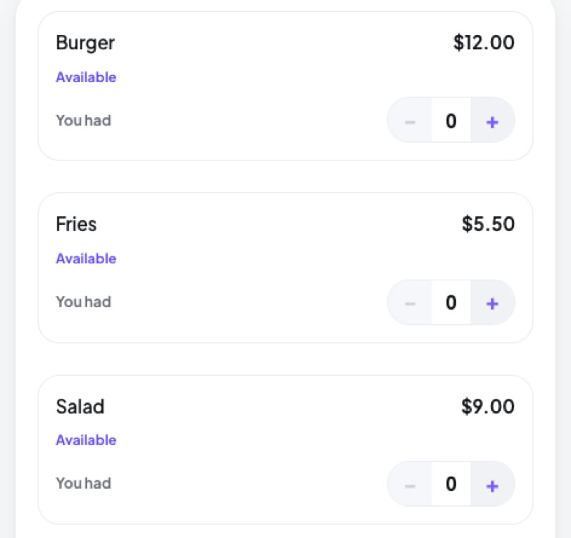 Browser item claiming view with available items and quantity controls