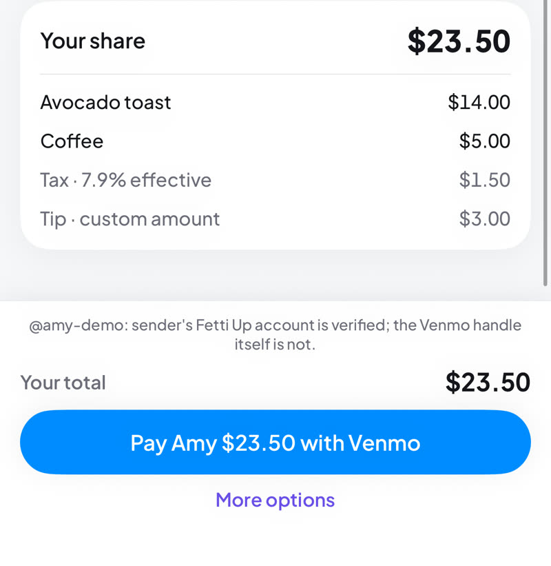 A share broken out with tax and tip, and a Pay with Venmo button filled in with the exact amount