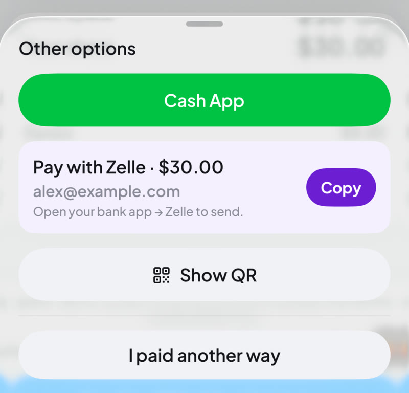 Cash App, Zelle, QR, and manual payment options in Fetti Up